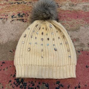 Betsey Johnson Tan Knit Beanie with Gem Accents